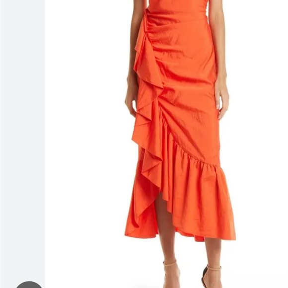 Cinq à Sept Neena Ruched High Low Dress in Vibrant Orange - Picture 4 of 5